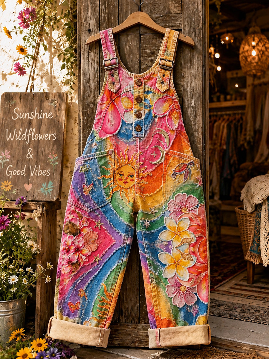 Women's Retro Style Art Print Washed Cotton Denim Patchwork Jumpsuit
